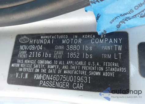 2005 Hyundai Elantra Gls/Gt z USA, uszkodzony, nr VIN KMHDN46D75U019631